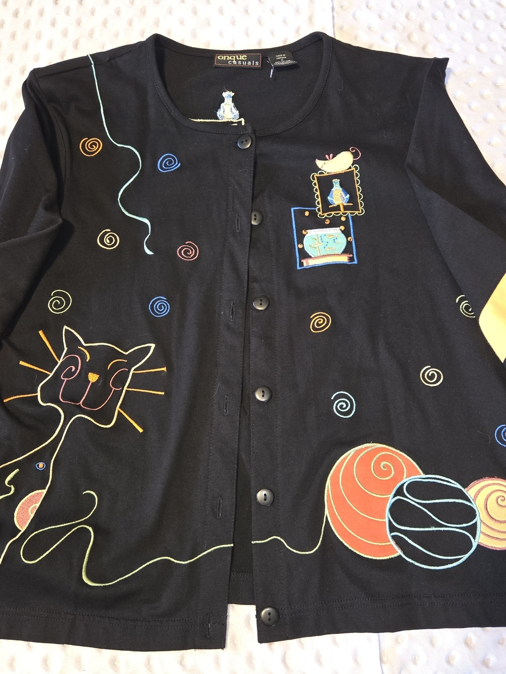 Onque Casuals Black Cat & Yarn Motif Button-Up Cardigan